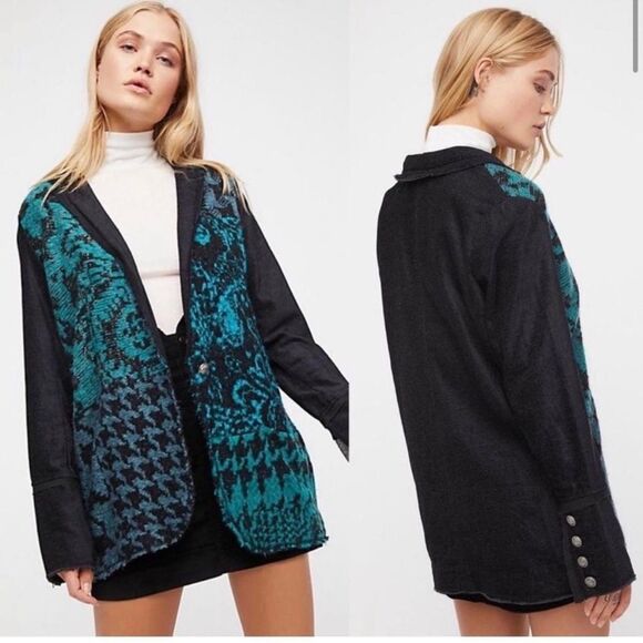 Free People Black and Blue Houndstooth Blazer Sz XS - Picture 1 of 7